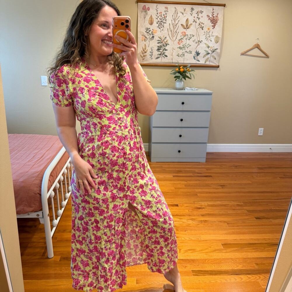 Zara Green Pink Floral V Neck Sexy Maxi Dress Medium - Picture 2 of 11